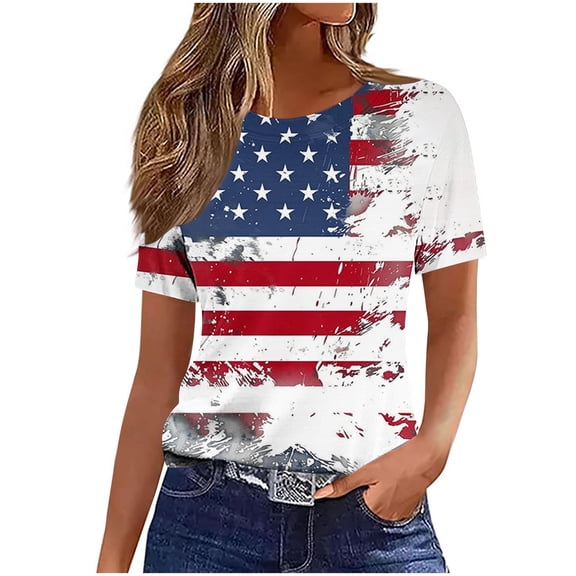 VerPetridure 4th of July Shirts for Women Funny Short Sleeve Crew Neck Blouse Patriotic American Flag T Shirt