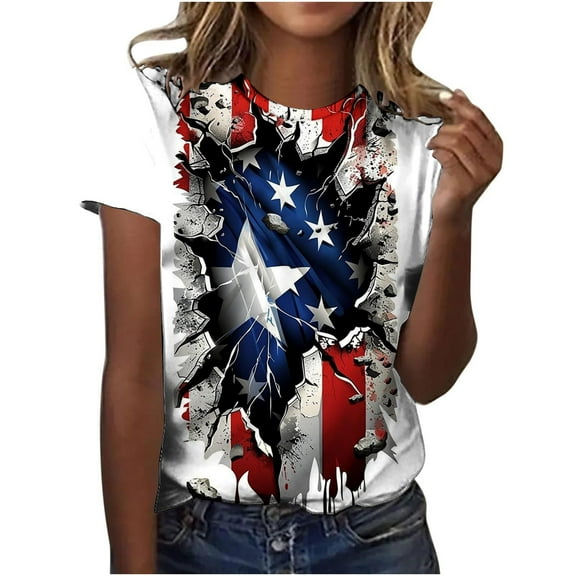 VerPetridure 4th of July Shirts for Women Funny Short Sleeve Crew Neck Blouse Patriotic American Flag T Shirt