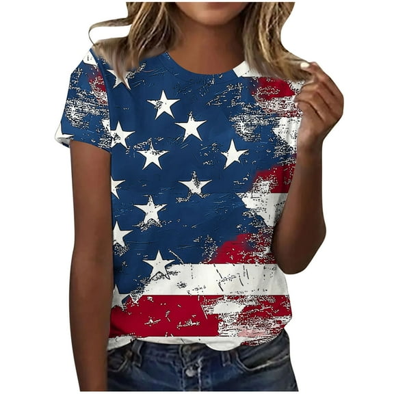 VerPetridure 4th of July Shirts for Women Funny Short Sleeve Crew Neck Blouse Patriotic American Flag T Shirt