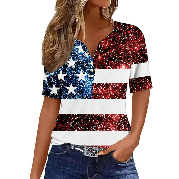 VerPetridure 4th of July Shirts for Women Funny Short Sleeve V-Neck Blouse Patriotic American Flag T Shirt