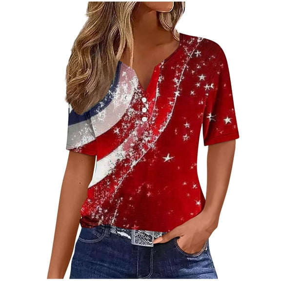 VerPetridure 4th of July Shirts for Women Funny Short Sleeve V-Neck Blouse Patriotic American Flag T Shirt