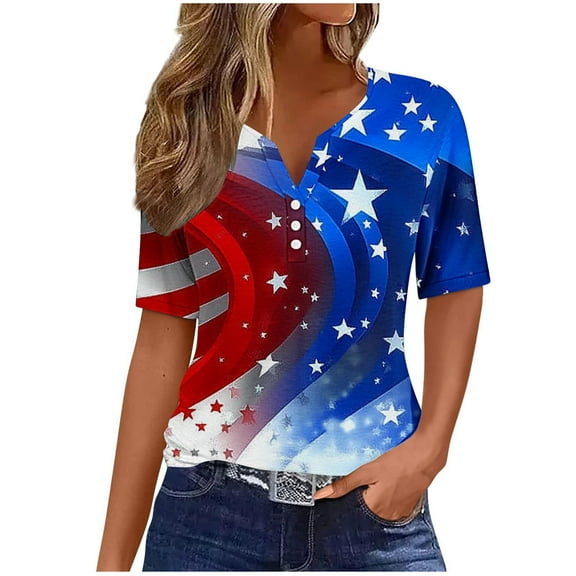 VerPetridure 4th of July Shirts for Women Funny Short Sleeve V-Neck Blouse Patriotic American Flag T Shirt