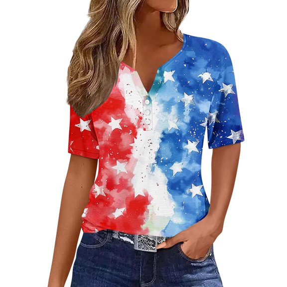 VerPetridure 4th of July Shirts for Women Funny Short Sleeve V-Neck Blouse Patriotic American Flag T Shirt