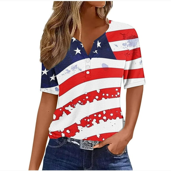 VerPetridure 4th of July Shirts for Women Funny Short Sleeve V-Neck Blouse Patriotic American Flag T Shirt