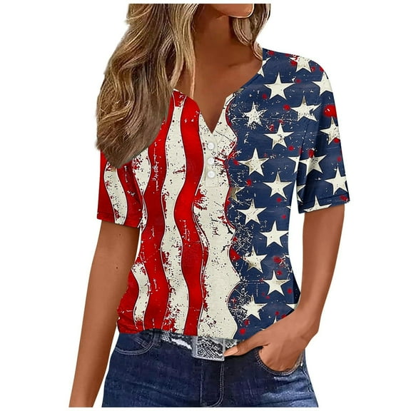 VerPetridure 4th of July Shirts for Women Funny Short Sleeve V-Neck Blouse Patriotic American Flag T Shirt