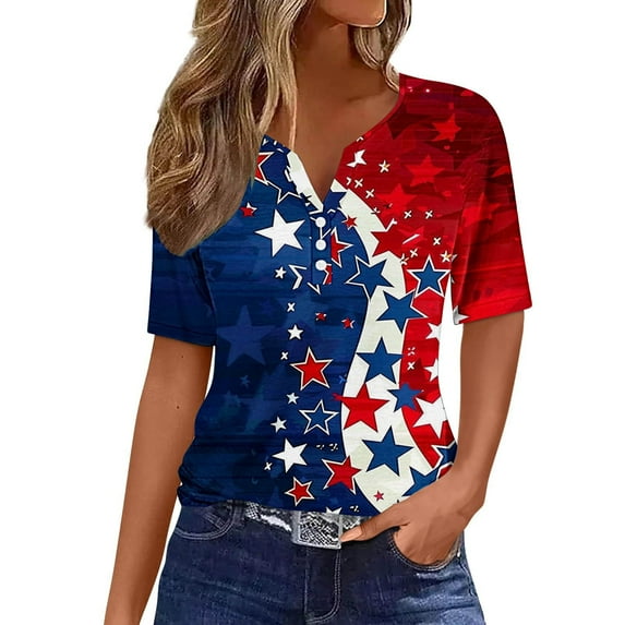 VerPetridure 4th of July Shirts for Women Funny Short Sleeve V-Neck Blouse Patriotic American Flag T Shirt