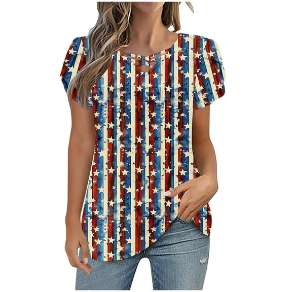 VerPetridure 4th of July Shirts for Women Funny Short Sleeve V-Neck Blouse Patriotic American Flag T Shirt