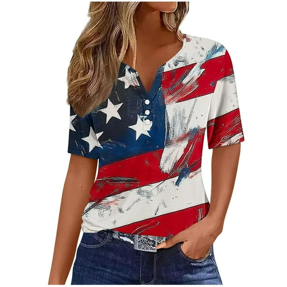 VerPetridure 4th of July Shirts for Women Funny Short Sleeve V-Neck Blouse Patriotic American Flag T Shirt