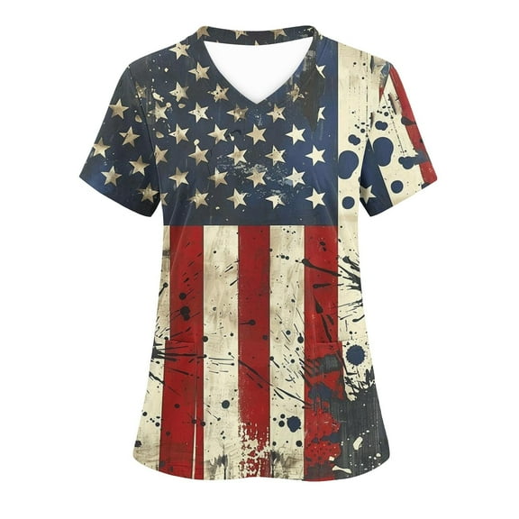 VerPetridure 4th of July Shirts for Women Funny Short Sleeve V-Neck Blouse Patriotic American Flag T Shirt