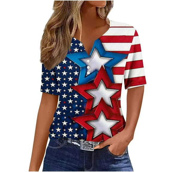 VerPetridure 4th of July Shirts for Women Funny Short Sleeve V-Neck Blouse Patriotic American Flag T Shirt