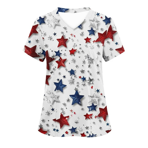 VerPetridure 4th of July Shirts for Women Funny Short Sleeve V-Neck Blouse Patriotic American Flag T Shirt