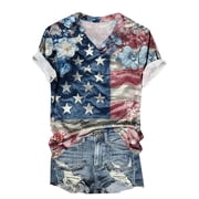 VerPetridure 4th of July Shirts for Women Funny Short Sleeve V-Neck Blouse Patriotic American Flag T Shirt
