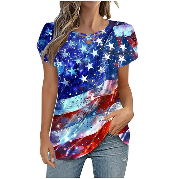 VerPetridure American Flag Shirt for Women 4th of July Tee Shirt USA Stars Stripes T-Shirt Patriotic Summer Tunic Tops