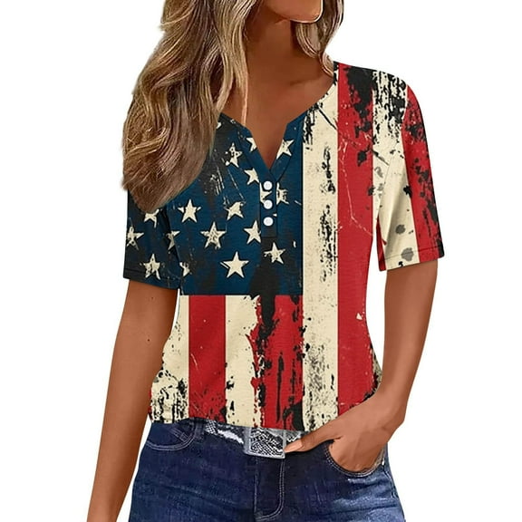 VerPetridure American Flag Shirts for Women 4th of July T Shirt Funny USA Print V-Neck Tees Patriotic Casual Short Sleeve Tops