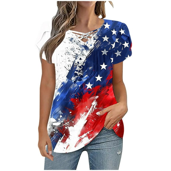 VerPetridure American Flag Shirts for Women 4th of July T Shirt Funny USA Print V-Neck Tees Patriotic Casual Short Sleeve Tops