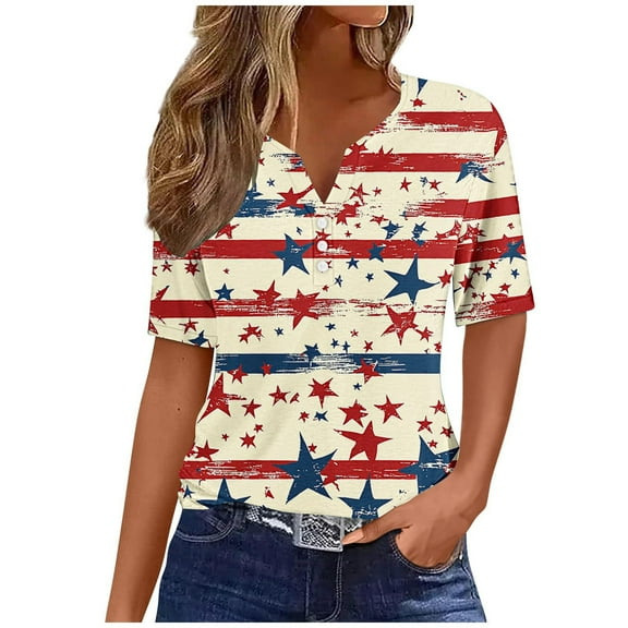 VerPetridure American Flag Shirts for Women 4th of July T Shirt Funny USA Print V-Neck Tees Patriotic Casual Short Sleeve Tops