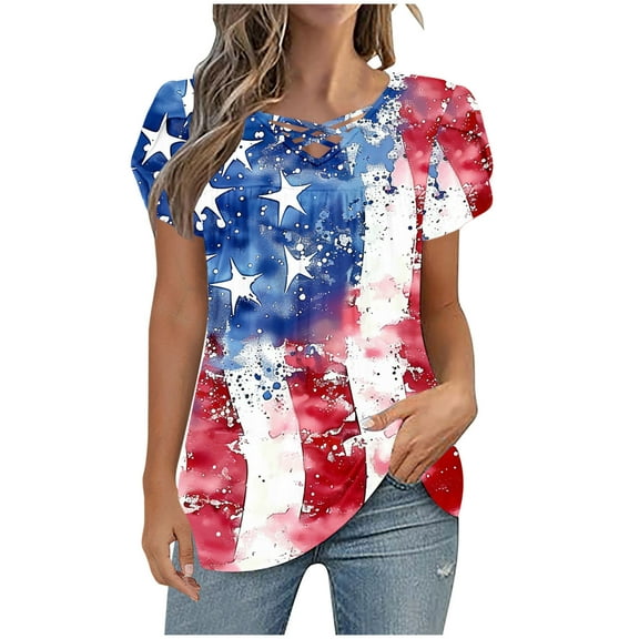 VerPetridure American Flag Shirts for Women 4th of July T-Shirt USA Flag Patriotic V-Neck Shirt Stars and Stripes Summer Tees