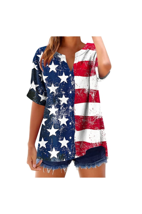 American Flag Shirts for Women 4th of July T-Shirt USA Flag Patriotic V-Neck Shirt Stars and Stripes Summer Tees