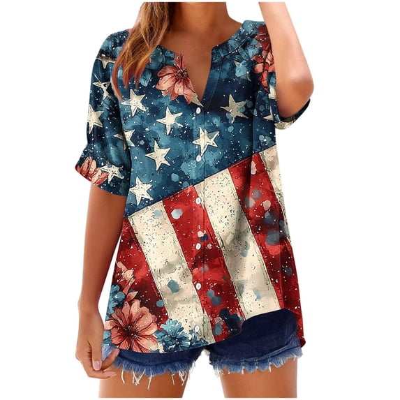 VerPetridure American Flag Shirts for Women 4th of July T-Shirt USA Flag Patriotic V-Neck Shirt Stars and Stripes Summer Tees