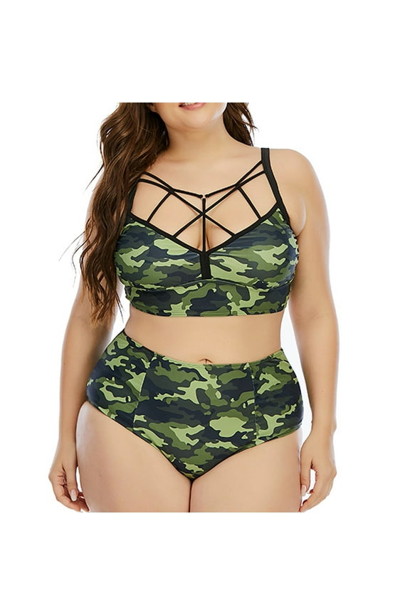 Bathing Suit for Women 2 Piece Bikini Women's Fashion Comforted Camouflage Crossovers Split Plus Size Swimsuit