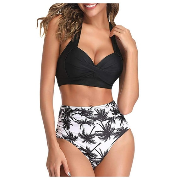 VerPetridure Bikini Set Women Women Vintage Swimsuit Two Piece Retro Halter Ruched High Waist Print Bikini Set