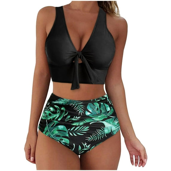 Utoimkio Bikini Sets for Women Two Piece Swimsuits Tummy Control Bathing Suits for Women Floral Print V-Neck Swimwear Beachwear