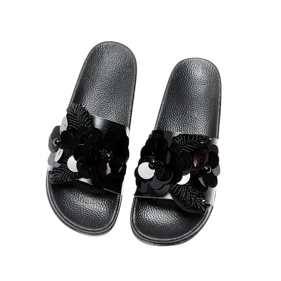 VerPetridure Black Sandals Women Women's Summer Fashion Sequined Big Flower Slipper Solid Color Flat Shoes
