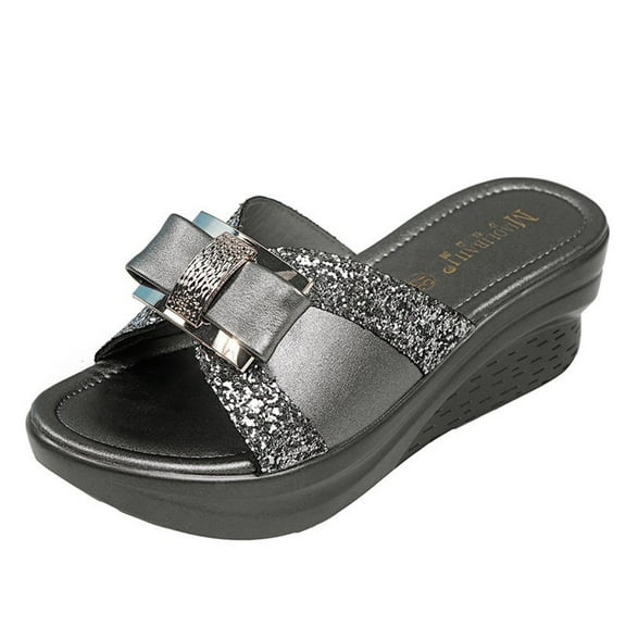 VerPetridure Black Sandals Women Womens Ladies Fashion Butterfly Knot Crystal Wedge Slip On Beach Slippers Shoes
