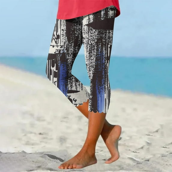 Utoimkio Black Yoga Pants Capri for Women Women's Summer Casual Elastic Waist Printed Cropped Beach Pants