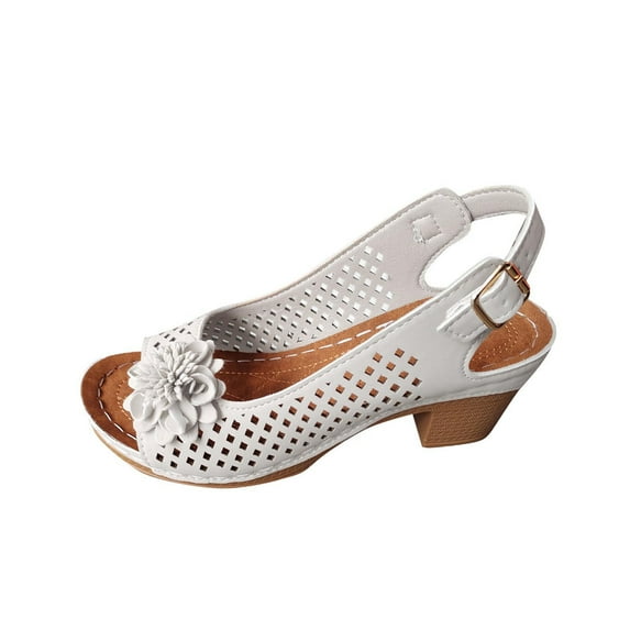 VerPetridure Block Heel Sandals for Women,Womens Chunky High Heels Fish Mouth Flowers Summer Dressy Casual Ankle Strap Hollow Out Dress Platform Wedge Sandal Comfort Shoes for Daily Wear White 6.5