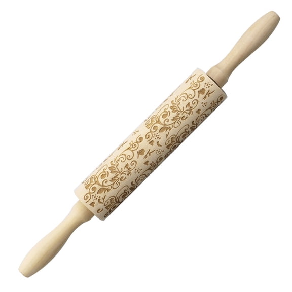 VerPetridure Christmas Rolling Pin Engraved Carved Wood Embossed Rolling Pin Kitchen Tool