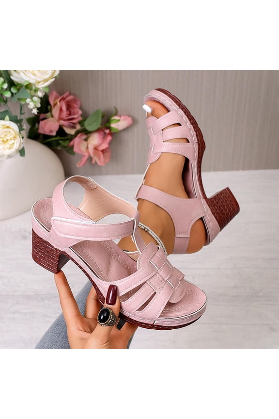 Chunky Heel Sandals for Women Spring Summer Trendy Open Toe Shoes Adjustable Ankle Strap Pu Leather Sandals, Pink Size 6.5