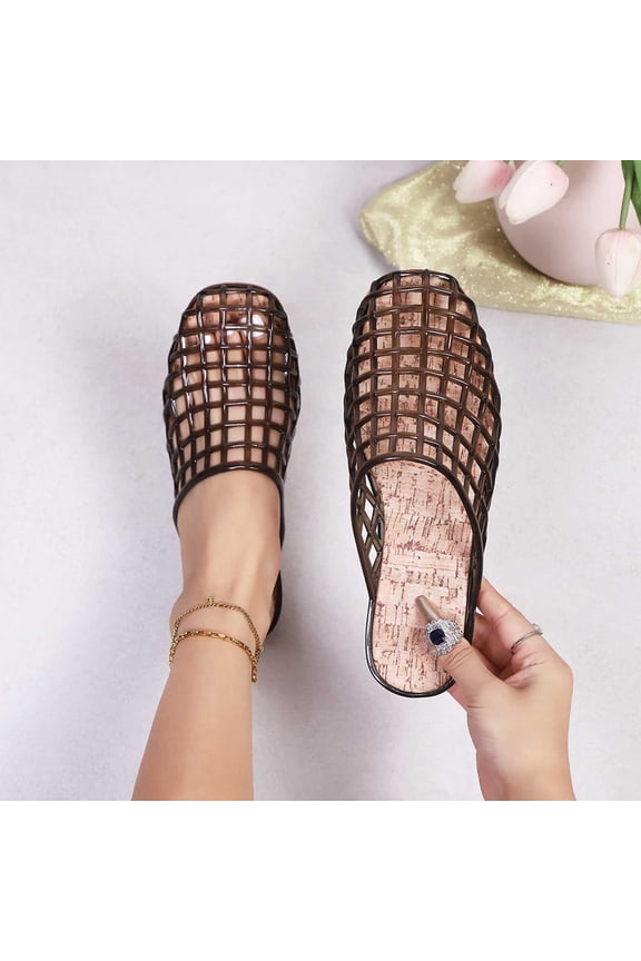 Clear Jelly Mesh Slide Sandals for Women Slip on Closed Toe Flats Sandals Summer Beach Jelly Shoes, Black Size 5.5