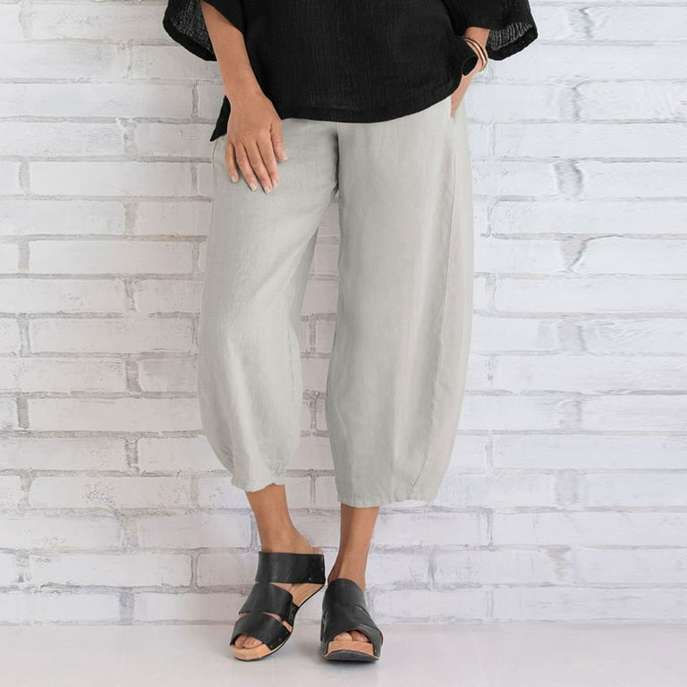 VerPetridure Clearance Capri for Women Plus Size Women Casual Solid Cotton  Pants Trousers Elastic Band Loose Wide Leg Pants 