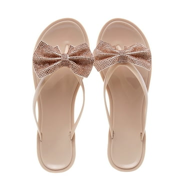 VerPetridure Clearance Summer Women's Flat Sandals Rhinestone Bowtie Thong Sandal Strappy Slip On Slides for Daily Beach Pool Size 6