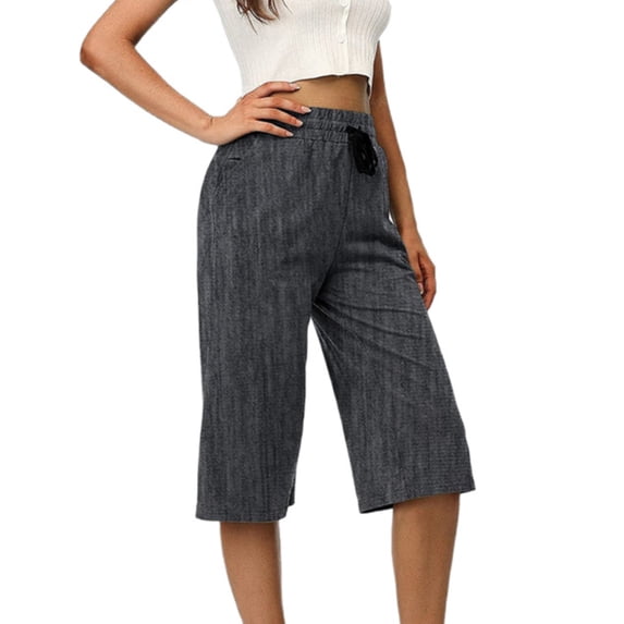Utoimkio Wide Leg Pants for Women Woman Fashion Drawstring Pockets Elastic Waist Solid Capris Pants