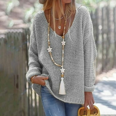 VerPetridure Clearance Women's Casual V Neck Long Sleeve Pullover Sweaters Knit Loose Solid Pullover Tops