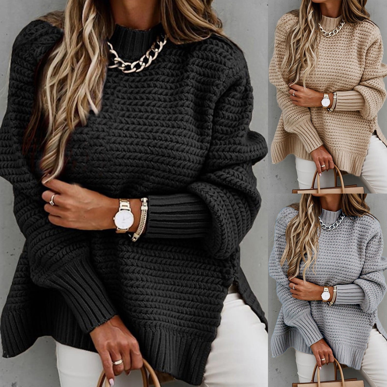 Women Solid Knitted Side Split Loose Pullover Fashion O Neck Long Sleeve Warm Sweater