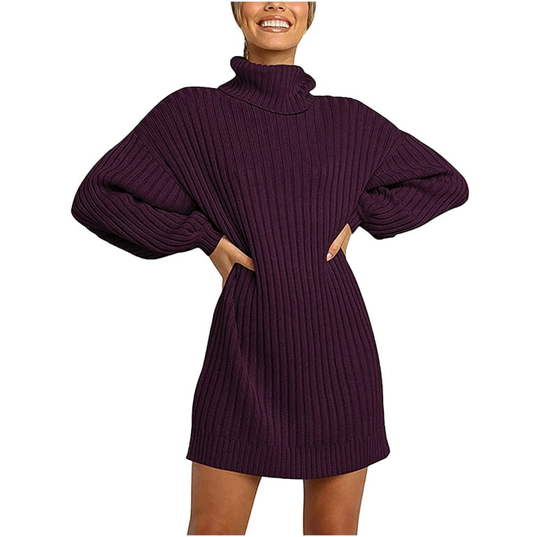 VerPetridure Clearance Women's Turtleneck Sweater Dress for Women Long  Sleeve Loose Solid Pullover Sweaters Winter Knitted Midi Dress Outwear  Jumper Tops 