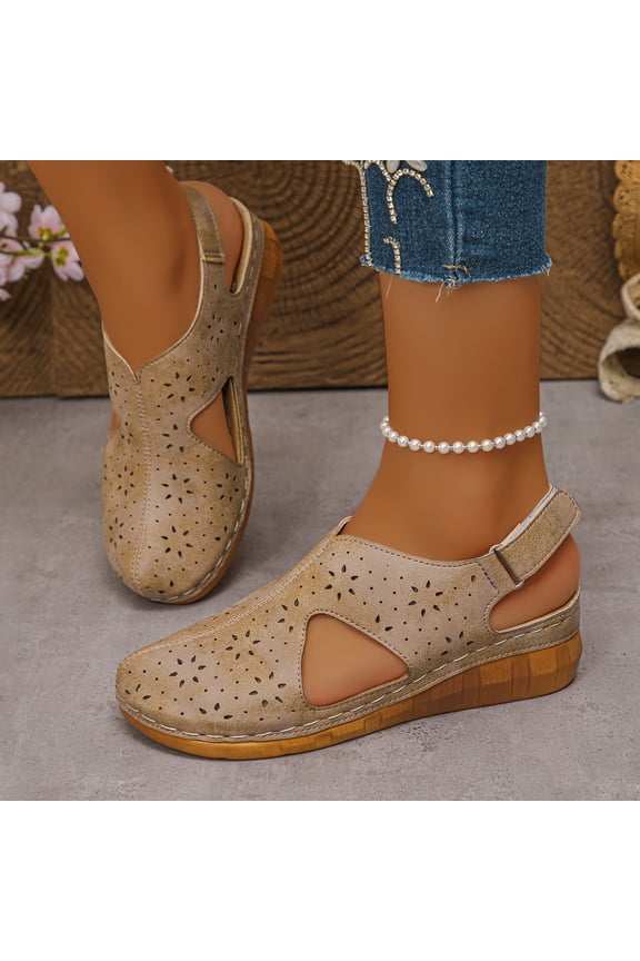 Closed Toe Sandals for Women Hollow Out Walking Sandal Comfortable Arch Support Adjustable Ankle Strap Wedge Sandals Summer Soft Sole Slip On Beach Footwear, Khaki Size 6