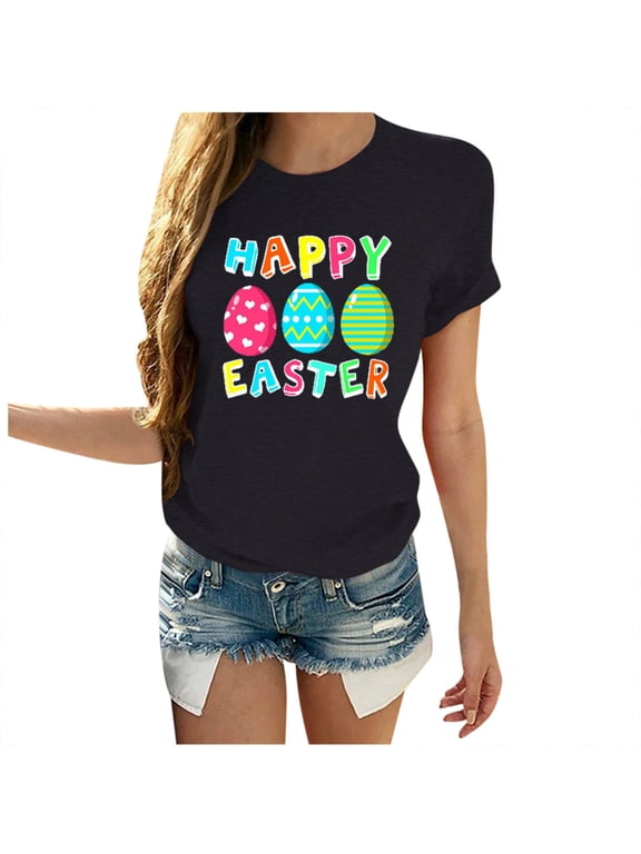 Easter Day Shirts Short Sleeve Printed Tee Tops Bunny T-Shirt Perfect-T 2021 Easter Eggs Happy Easter Print Men and Women Loose Plus Size Short Sleeve