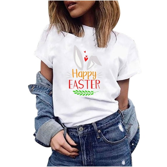 Utoimkio Easter Day Shirts Short Sleeve Printed Tee Tops Bunny T-Shirt Tech Stretch Fashion Women's Short Sleeve Summer Print Casual Top Pullover T-Shirt