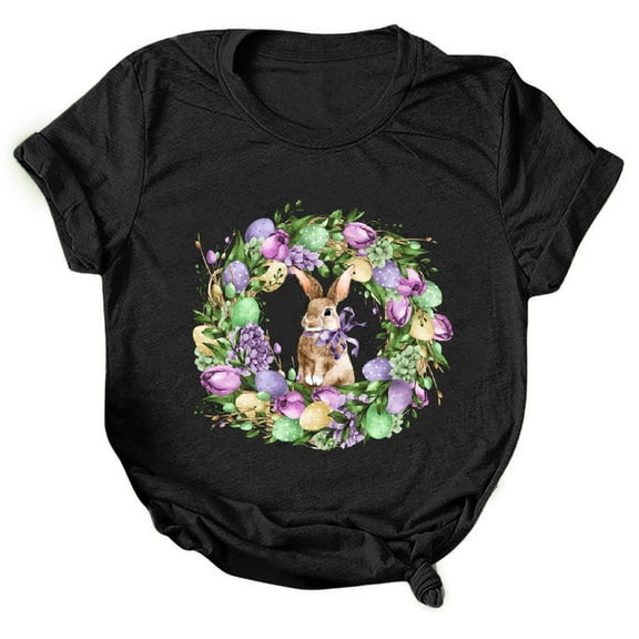 Utoimkio Happy Easter T-Shirt Bunny Tshirts for Women Short Sleeve Tops Summer Shirts Classic-Fit Women Casual Letter Print Short Sleeve Crew Neck Loose T-Shirt Blouse Tops