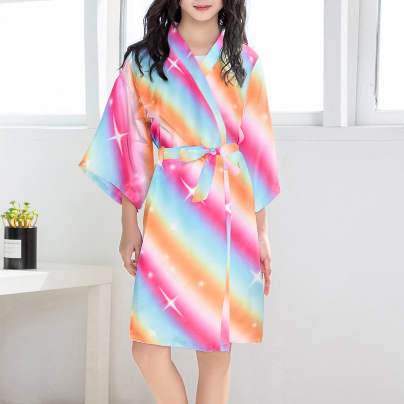 VerPetridure Kid Girls Satin Floral Kimono Robe Colorful Rainbow Girl