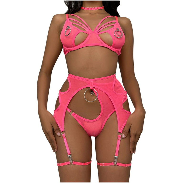 VerPetridure Lingerie Sets for Women with Stocking Women's Mesh Three-point  Sexy Sexy Lingerie Set with Large Circle Of Metal Accessories