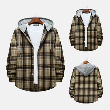 Utoimkio Men's Hooded Shirt Jacket Flannel Shirts Quilted Lined Long Sleeve Casual Buffalo Plaid Button Down Shirt Winter Warm Coat