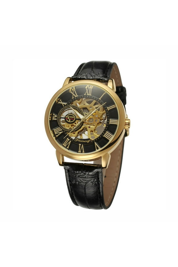 Men's Watch 3D Hollow Engraving Case Roman Number Skeleton Dial Mechanical Watch