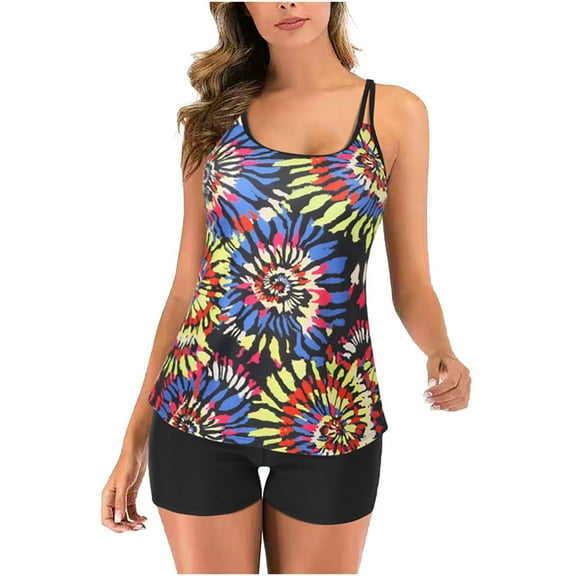 Utoimkio Modest Tankini Swimsuits for Women Two Piece Bathing Suits Floral Print Tank Top with Boyshorts Tummy Control Swimming Suits
