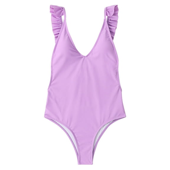 Utoimkio One Piece Swimsuit Women Women's One Piece Swimsuit V Neck Backless Swimsuit Solid One Piece Bikini Ruffle Swimsuit