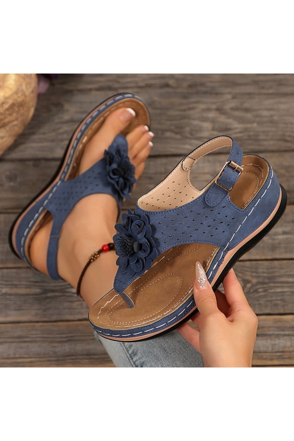 Orthopedic Platform Sandals for Women Summer Flip Flops with Back Strap Open Toe Wide Width Wedge Sandal with Arch Support Comfort Lightweight Casual Walking Shoes, Navy Size 9